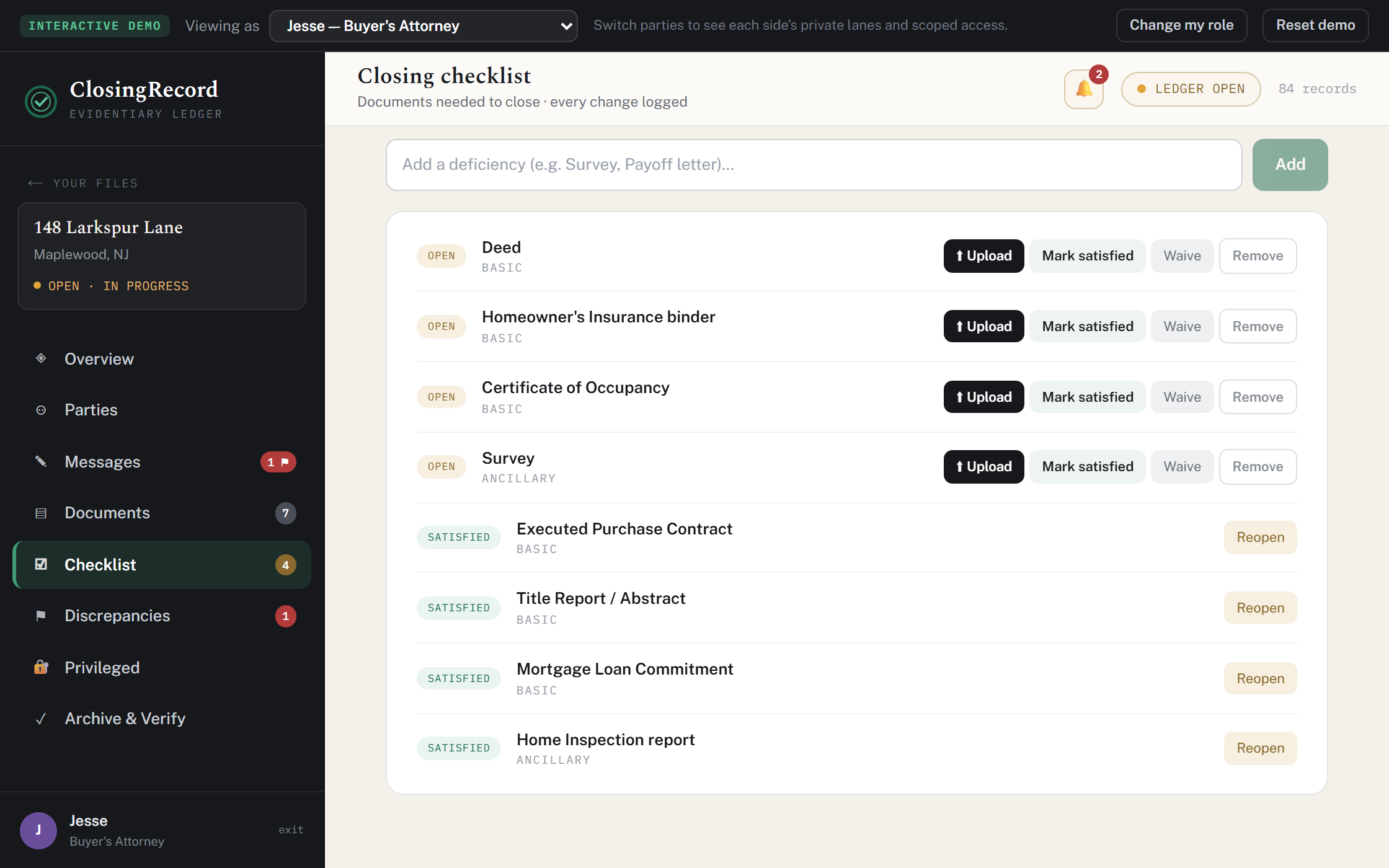 The closing checklist showing outstanding, satisfied and waived items.