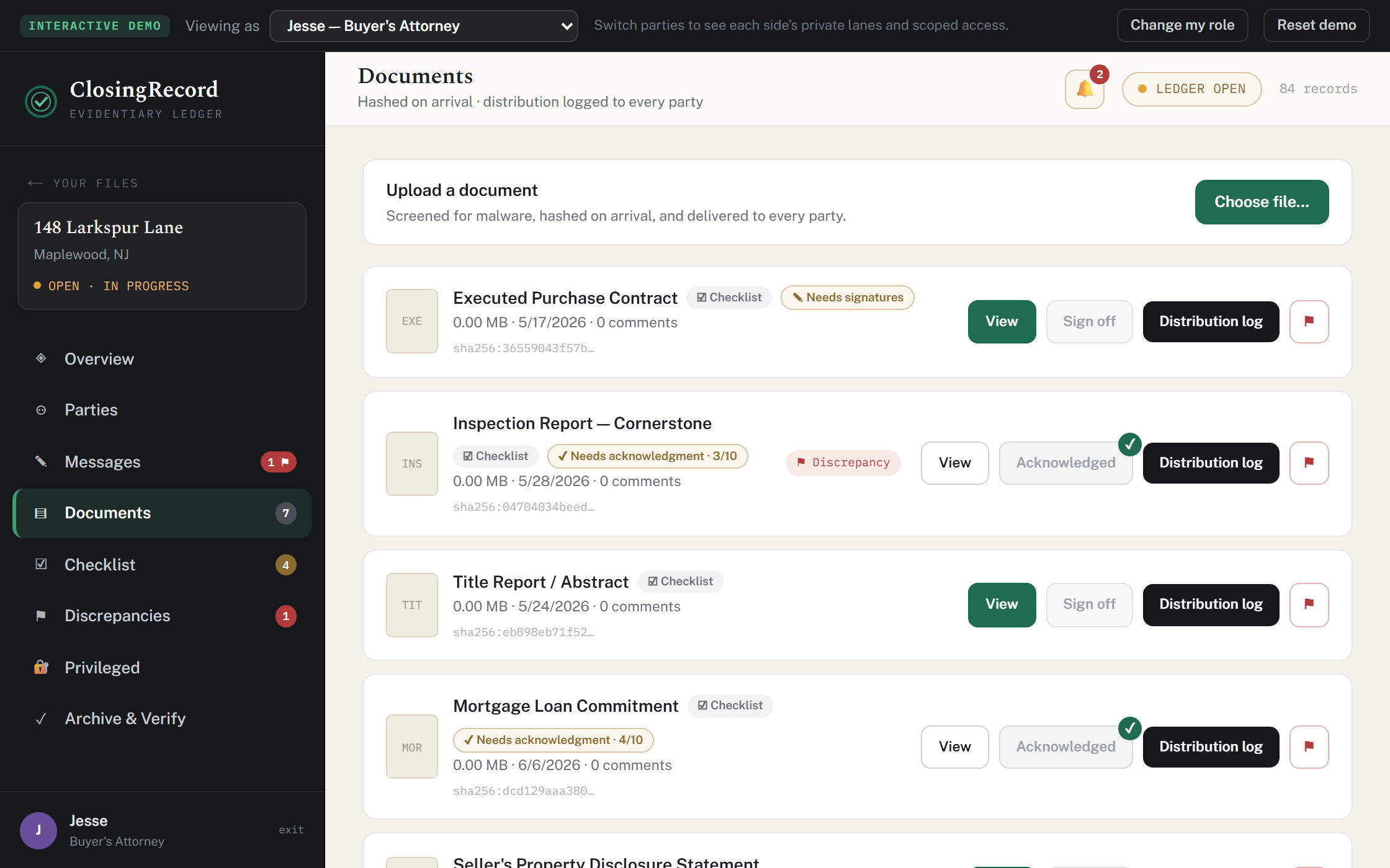 The documents tab listing files with their distribution and acknowledgment state.