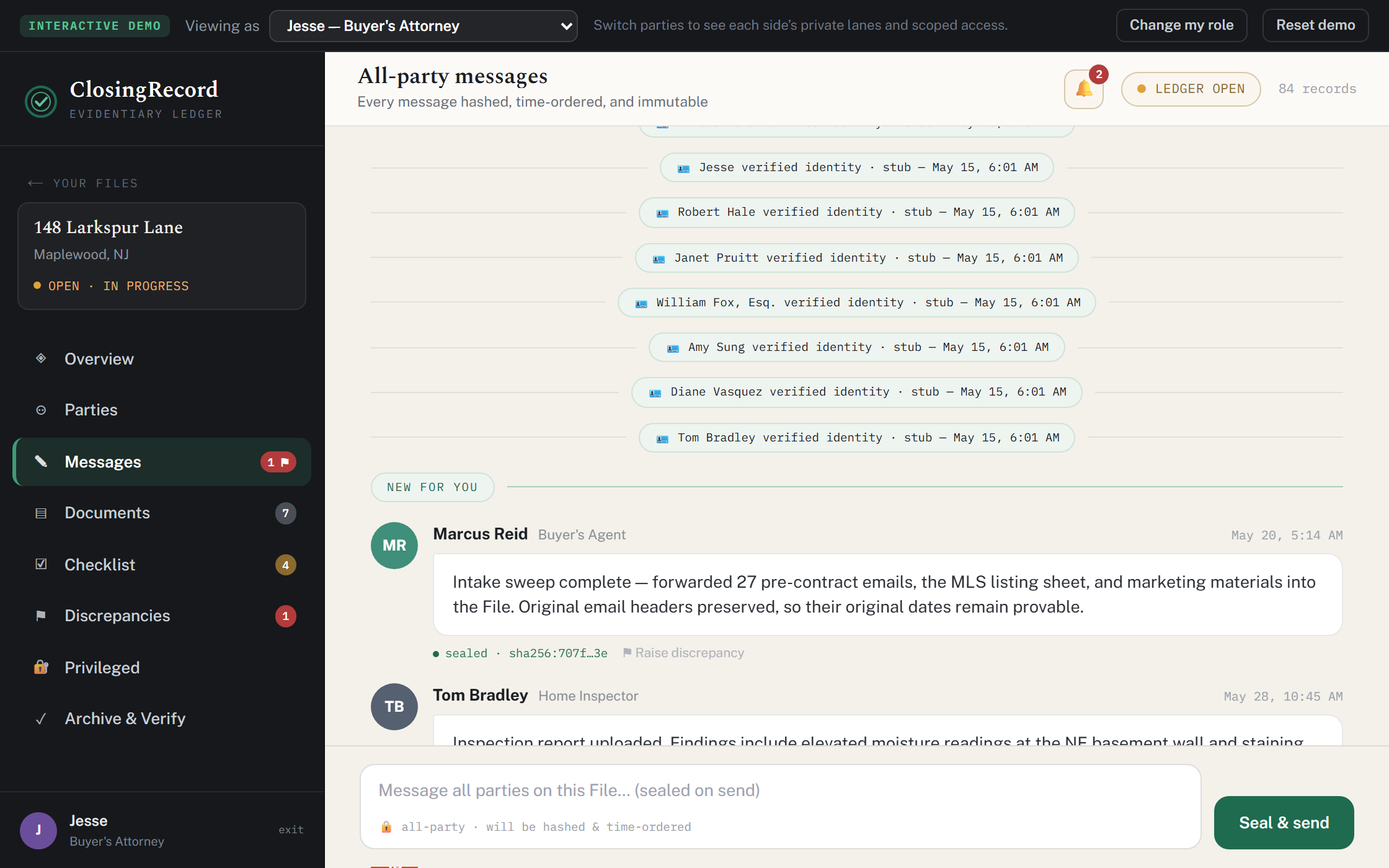 The ClosingRecord workspace showing a transaction timeline of messages and documents.
